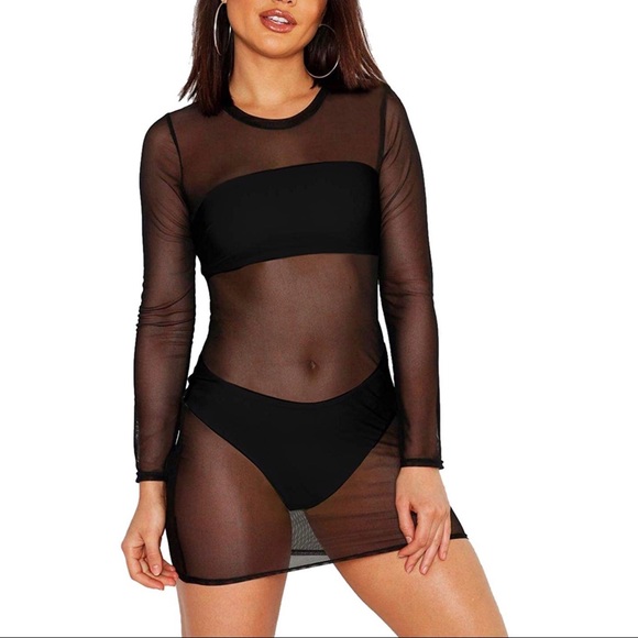 Sheer Mesh Long Sleeve Beach Cover Up Dress - Picture 4 of 6